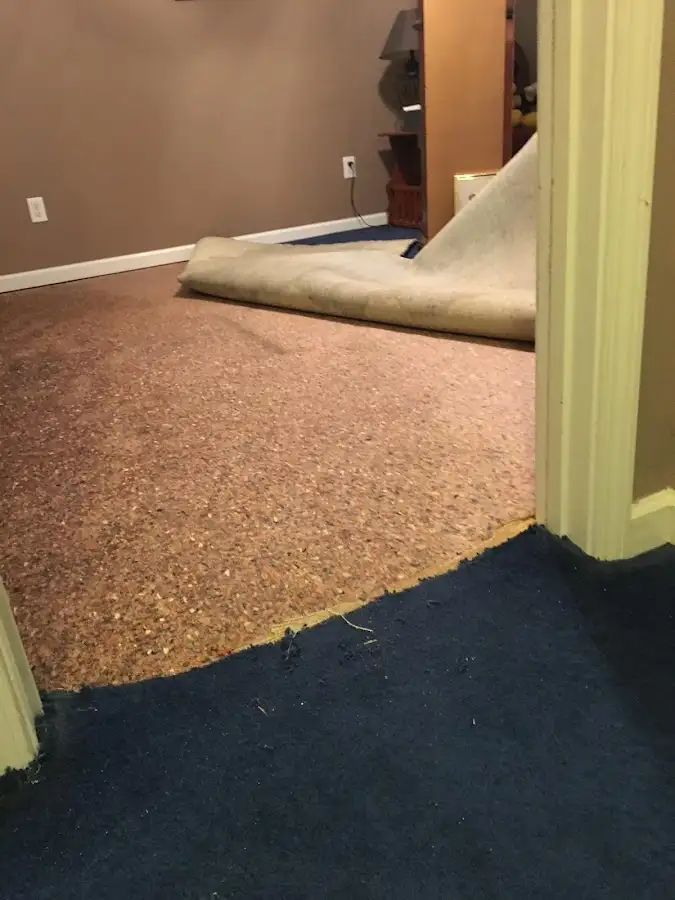 Carpet pad removal revealing water damage during Drying & Dehumidification in Center
